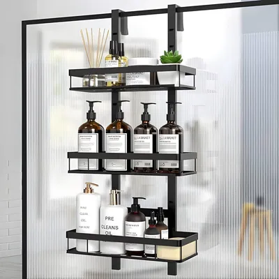 Produktbild von PolkaHome® Hängendes Duschregal mit verstellbarer Höhe, 3-lagiger Badezimmer-Organizer mit Saugnäpfen, schwarzes Duschboard ohne Bohren für