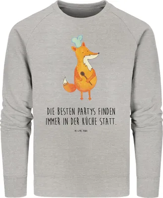 Produktbild von Mr. & Mrs. Panda Organic Baumwolle Pullover Fuchs Koch Größe L - Heather Grey - Geschenk, Bio Baumwoll, Chefkoch, Bäcker, Pulli, Kochen, Rundhals Sweatshirt, Geburtstag