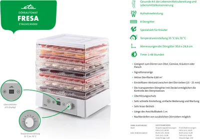 Immagine prodotto di Disidratatore ETA FRESA ETA630190000, numero di setacci di essiccazione 8 (incluso 1 setaccio per erbe), 250W