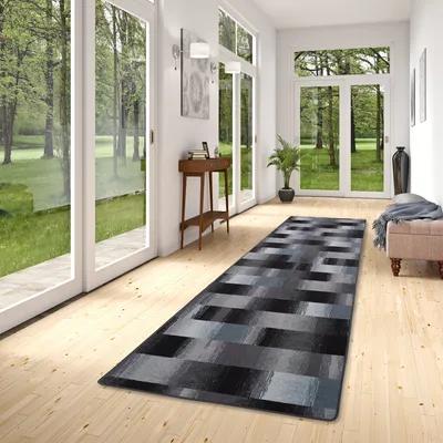 Produktbild von Designer Velours Läufer Teppich Mystic Karo Blau Grau, Größe:100x200 cm