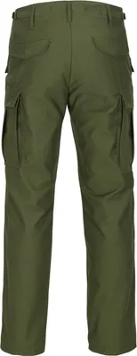 The back view of olive green cargo pants against a white background.
