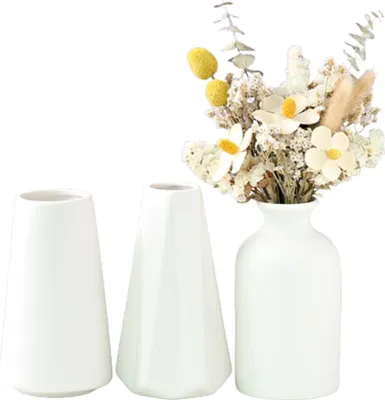 Produktbild von Weiße Keramikvase, Pampasgrasvase 3er, modern Boho rustikale Deko 15cm