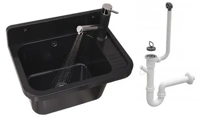 Immagine prodotto di Granitan - Lavatoio - Lavandino 50x34 cm - Lavello nero - con miscelatore CADO e sifone - PARON