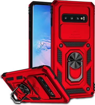 Image de Étui pour Samsung Galaxy S10 Plus étui double couche avec couvercle coulissant pour appareil photo et support d'anneau rouge