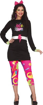 A woman modeling an 80s-themed costume.