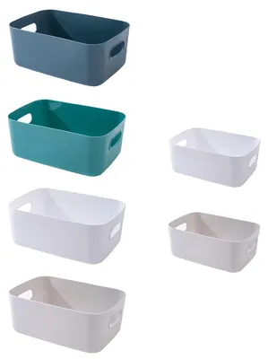 Produktbild von Set aus 6 Aufbewahrungsboxen, -körben und -organisatoren aus Kunststoff für Küche, Kinderzimmer, Badezimmer und Büro.