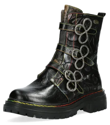 Produktbild von Laura Vita Damen Stiefelette Leder florale Ornamente geschwungene Schnalle KANDYO 36, Größe:37 EU, Farbe:Schwarz
