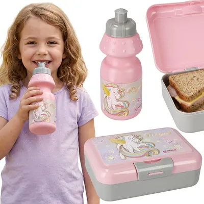 Produktbild von Einhorn-Frühstücksset, Frühstücksbox + Trinkflasche 350 ml, Lunchbox für Mädchen