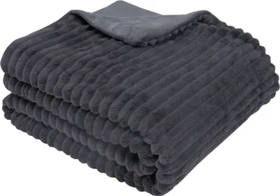 A folded dark gray plush blanket with a ribbed texture.