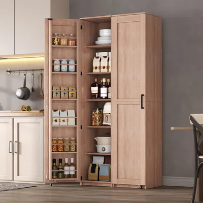 Produktbild von Flieks Küchenschrank mit Türablagen und verstellbaren Einlegeböden, hoher Aufbewahrungsschrank, Vorratsschrank für Wohnzimmer, Esszimmer, Natur