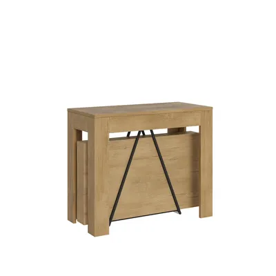 A closed console table with a wooden finish and black metal legs, shown against a white background.