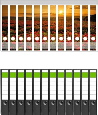 Produktbild von Wallario 12 Stück schmale Ordner inkl. Klebeetiketten mit Motive Mohnblumenwiese bei Sonnenuntergang am Abend -  Set mit Rückenschildern / Ordnerrücken Stickern