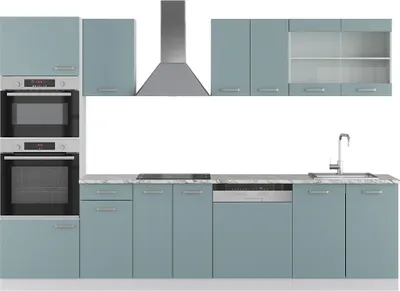 Produktbild von Vicco Küchenzeile R-Line, 300 cm mit Hochschrank, ohne Arbeitsplatte, Blau-Grau/Weiß