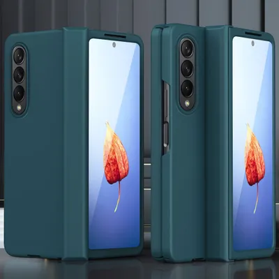 Two teal phone cases for a foldable phone are displayed side-by-side against a light gray background.