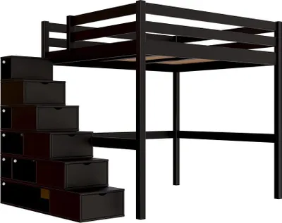 Produktbild von Hochbett holz mit Treppenregal Sylvia - 160x200 - Schwarz