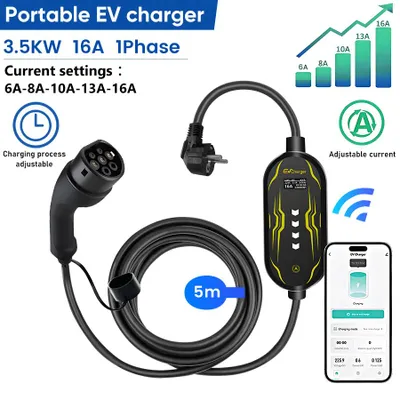 Immagine prodotto di Junsun Nero APP/WIFI EV Caricabatterie portatile 3.5KW 6-16A Schuko 1 Fase Cavo di ricarica EV 5M Controllo Corrente Regolabile Per Tipo 2 Auto Elettriche