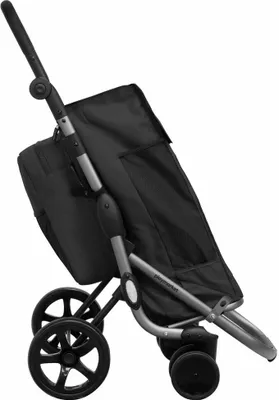 A black shopping trolley with gray frame, shown from a side angle against a white background.