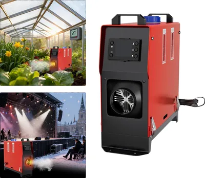 Collage of images showing a diesel heater in different settings: a greenhouse, an outdoor stage, and a product shot.