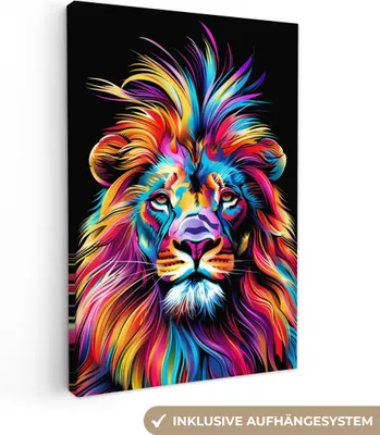 Produktbild von MuchoWow® - Leinwandbilder - Löwen - Bunt - Schwarz - Tiere, Wandbild, Wanddeko Bilder Wohnzimmer, 60x90cm