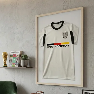 Image de K-Möbel Premium Cadre pour maillot en bois véritable, naturel, 60 x 80 cm - Fabriqué en Allemagne - Cadre pour maillot avec fond blanc et bordure extra-large - Cadre vitrine pour maillot - Cadre à fond noir - Vitrine pour maillot