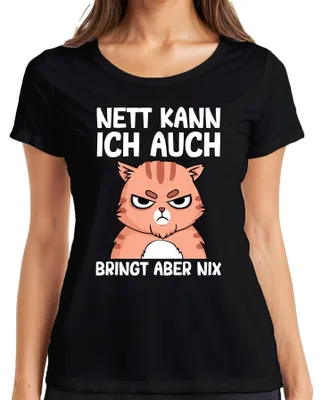 Productafbeelding van Grappig katten-t-shirt met cartoonkat, humoristisch, grappig, voor dames, zwart, maat S