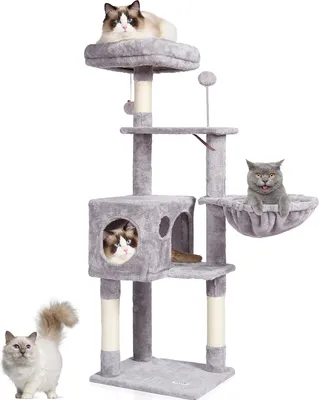 Image de Arbre à chat VEVOR pour chats d'intérieur, 114 cm d'arbre à chat en sisal, hamac, perchoir en haut, plates-formes de saut, grande maison pour chats avec balle suspendue, centre d'activité pour meubles pour chats, gris clair