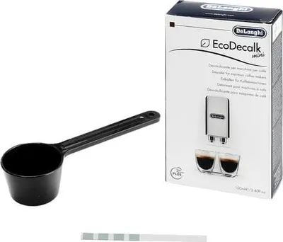 A box of DeLonghi EcoDecalk mini descaler and a black measuring scoop.
