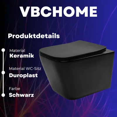 Obrázok produktu pre VBChome Závesné keramické WC bez ráfika s WC poklopom Termosetové WC sedátko WC bez ráfika s funkciou SoftClose Umývacie WC Čierna matná