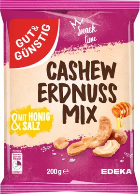 Produktbild von Gut & Günstig Cashew-Erdnuss-Mix mit Honig und Salz lecker karamellisiert 6er Pack (6x200g Packung) + usy Block