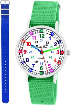 Produktbild von Kinder Armbanduhr Mädchen Jungen Lernuhr Kinderuhr uni 2 Armband grün + royalblau
