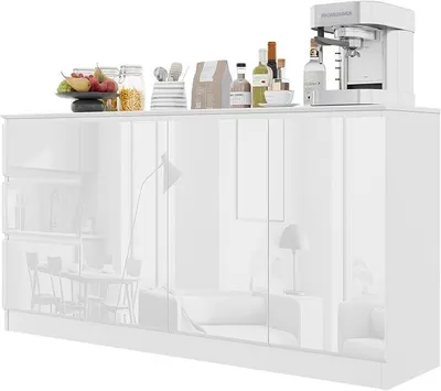 Productafbeelding van Keukenkast 140 cm, glanzende dressoir met 3 lades en 3 deuren, geschikt voor slaapkamer, keuken of woonkamer (wit)