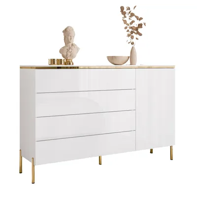 Produktbild von Kommode AURORA mit Schubladen weiß glänzend auf Beinen mit gerade gold Chrom