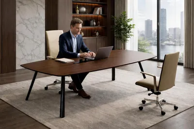 Image de Élégant bureau marron, mobilier de bureau design, table en bois