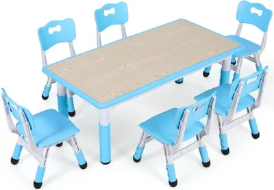 Image de Table pour enfants avec 6 chaises - Set de jeu et d'apprentissage - Réglable en hauteur - Table 120x60 cm, hauteur 48-60 cm - 7 pièces - Plastique et bois - Bleu