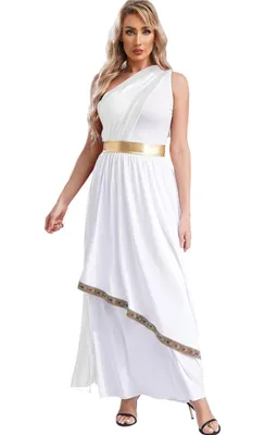 A woman wearing a white Greek goddess costume with a gold belt and decorative trim on the skirt, posing against a white background.