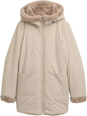Produktbild von Tom Tailor Teddy Wendemantel mit Kapuze, aufgesetzten Taschen und seitlichen Eingriffstaschen