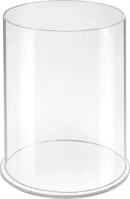A clear, studio shot of a cylindrical acrylic display case with a base.