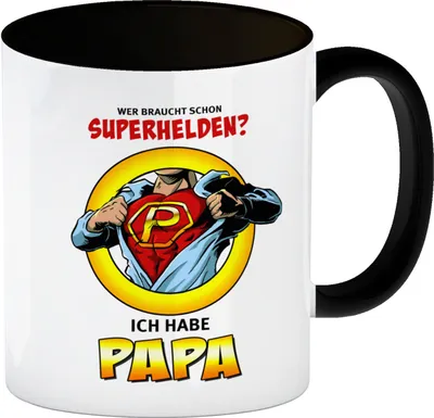 Produktbild von Kaffeebecher Schwarz Comic mit Spruch - Wer braucht schon Superhelden? Ich habe