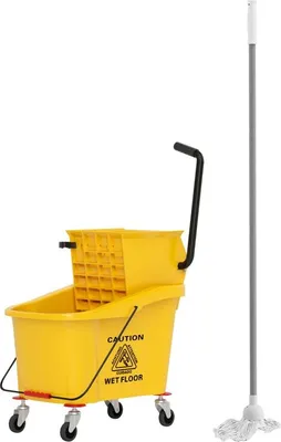 Produktbild von Fortuna Lai Putzwagen Reinigungswagen 36 Liter Eimer mit Presse, Haushaltswagen mit Mopp und Griff für Gebäudereinigung, Büroreinigung Gelb