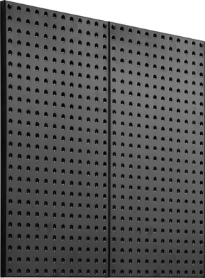 Two black pegboard panels are shown side-by-side, angled slightly.