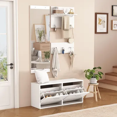 Image de MODFU Meuble d’entrée 4 pièces - Vestiaire avec Porte-Manteau Mural, Miroir, 6 Crochets et Étagères à Chaussures - Structure en Panneaux Blanc