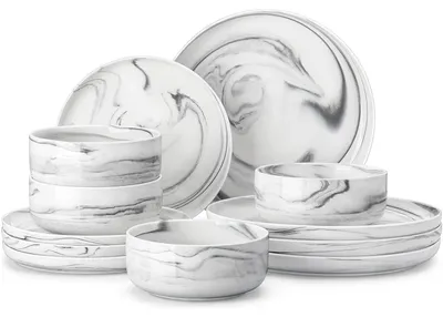 Immagine prodotto di Set da tavola in porcellana color grigio marmo, composto da 12 pezzi, per 4 persone, con piatti piani e piatti da dessert, oltre a ciotole per cereali