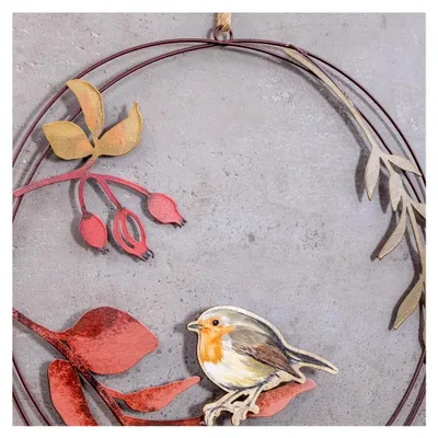 Produktbild von Runder Türkranz aus Metall und Holz, 30 cm, Herbstdeko mit Vogel und Zweigen