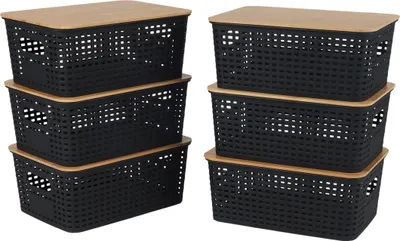 Zdjęcie produktu dla Pudełka do przechowywania Relaxdays, zestaw 6 sztuk, z pokrywką, tworzywo sztuczne i bambus, uchwyty, wymiary: 10,5 x 25,5 x 18 cm, organizer, kolor czarny