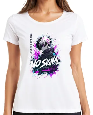 Zdjęcie produktu dla Koszulka damska "NO SIGNAL", motyw: anime, chłopiec, manga, glitch, fiolet, cyberpunk, Japonia, styl Y2K, dla fanów anime, kolor: biały, rozmiar: 3XL