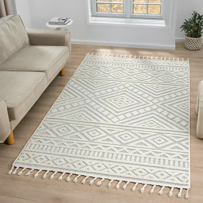 Produktbild von Teppich Boho Wohnzimmer, Schlafzimmer, Fransen Skandinavisch, Waschbarer Teppich 3D