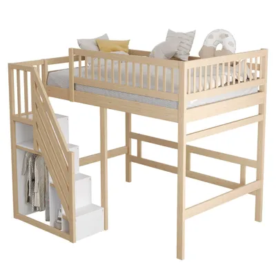 Produktbild von Massivholzbett 140*200, Treppe mit Stauschrank, hohes Geländer, Kinderbett, Jugendbett, Massivholzbettgestell, Holzfarbe