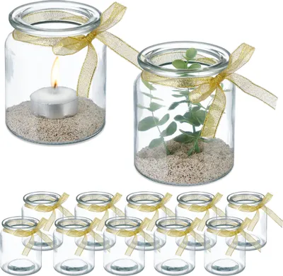 Image de Photophores Relaxdays, lot de 12, en verre, pour l'intérieur et l'extérieur, H x P : 9,5 x 8 cm, porte-bougies avec nœud, transparent/doré