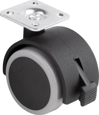 Produktbild von Möbelrolle mit weicher Lauffläche, 50 mm Durchmesser, mit Platte und Bremse.