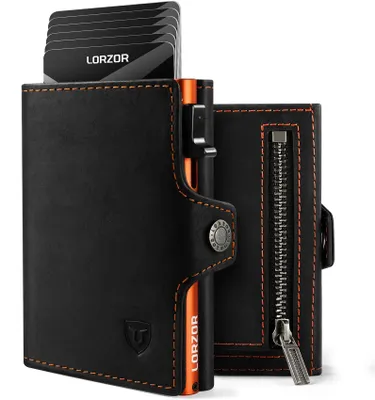 Image de Portefeuille Slim avec compartiment à pièces pour hommes - Portefeuille bloquant RFID en noir et orange